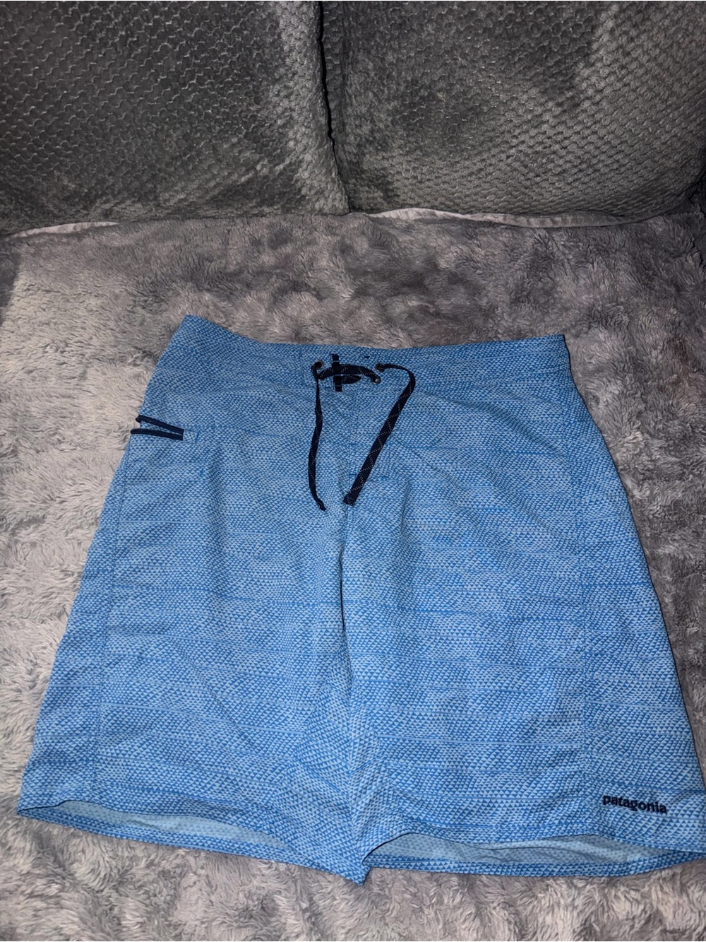 Patagonia Men’s Light Blue Swim Board Shorts with Black Drawstring